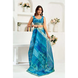 Women's Linen Cotton Printed Ready To Wear Saree With Unstitched Blouse 5.5 Mtr (Blue)