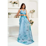 Women's Linen Cotton Printed Ready To Wear Saree With Unstitched Blouse 5.5 Mtr (Sky_Blue)