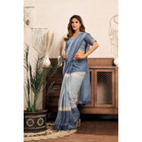 Women's Linen Cotton Printed Ready To Wear With Pocket Saree With Unstitched Blouse 5.5 Mtr (Light_Blue)