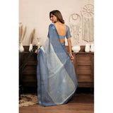 Women's Linen Cotton Printed Ready To Wear With Pocket Saree With Unstitched Blouse 5.5 Mtr (Light_Blue)