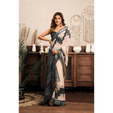 Women's Linen Cotton Printed Ready To Wear With Pocket Saree With Unstitched Blouse 5.5 Mtr (Light_Beige)