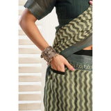 Women's Linen Cotton Printed Ready To Wear With Pocket Saree With Unstitched Blouse 5.5 Mtr (Olive)
