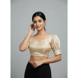 Women's Erode Silk V Neck Padded Blouse (Beige, 38 Ready Size (Self-Alterable 36–40)
