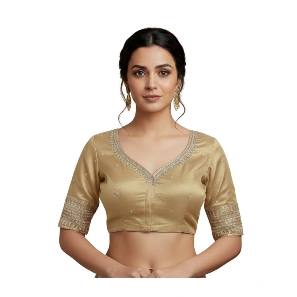 Women's Vichitra Silk V Neck Padded Blouse (Beige, 38 Ready Size (Self-Alterable 36–40)