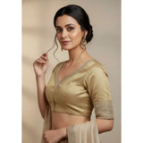 Women's Vichitra Silk V Neck Padded Blouse (Beige, 38 Ready Size (Self-Alterable 36–40)