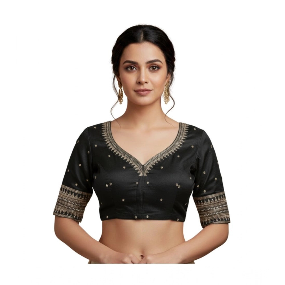 Women's Vichitra Silk V Neck Padded Blouse (Black, 38 Ready Size (Self-Alterable 36–40)