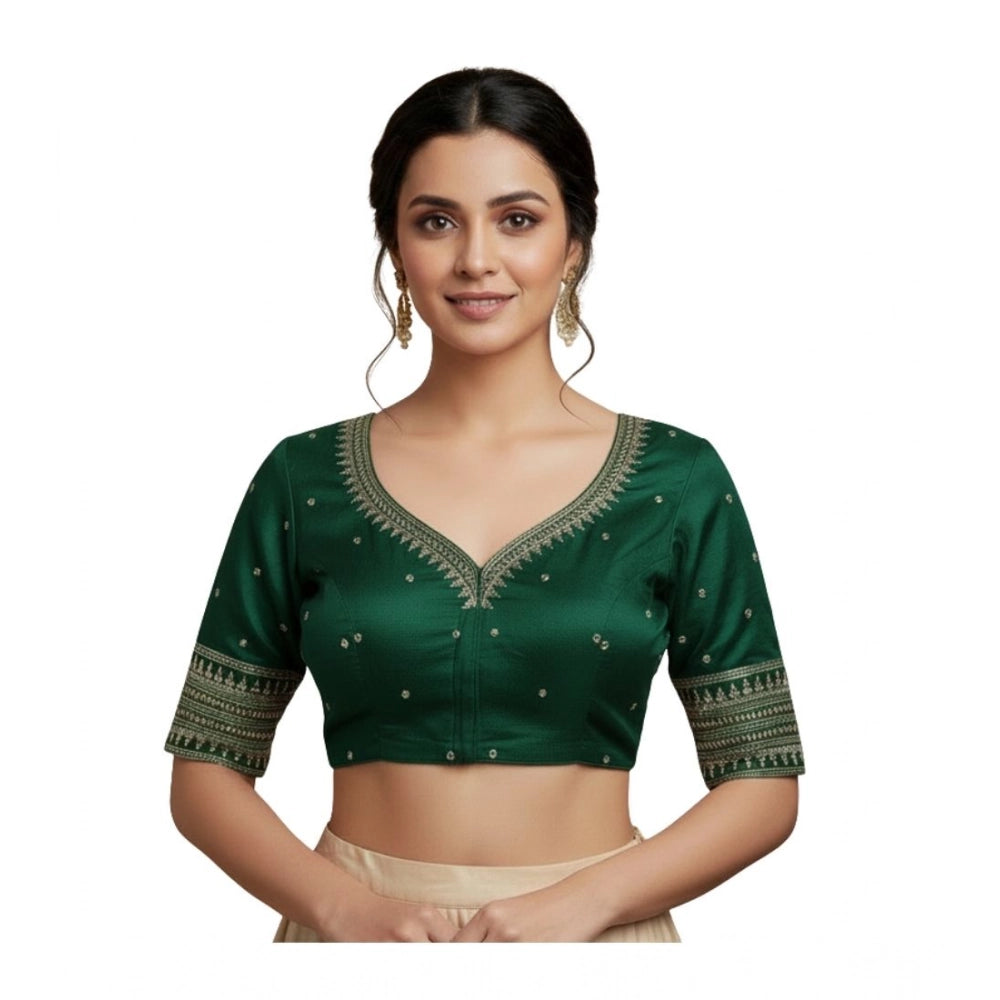 Women's Vichitra Silk V Neck Padded Blouse (D-Green, 38 Ready Size (Self-Alterable 36–40)