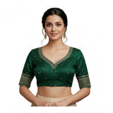 Women's Vichitra Silk V Neck Padded Blouse (D-Green, 38 Ready Size (Self-Alterable 36–40)