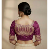 Women's Vichitra Silk V Neck Padded Blouse (Purple, 38 Ready Size (Self-Alterable 36–40)