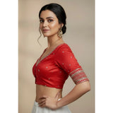 Women's Vichitra Silk V Neck Padded Blouse (Red, 38 Ready Size (Self-Alterable 36–40)