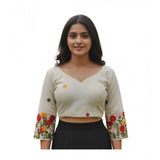 Women's Cambric Cotton Round Neck Padded Blouse (White, 38 Ready Size (Self-Alterable 36–40)