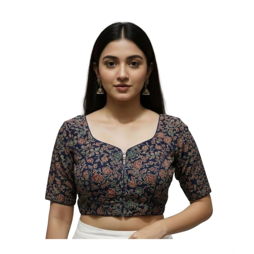 Women's Ajrakh Cotton Round Neck Padded Blouse (Navy, 38 Ready Size (Self-Alterable 36–40)