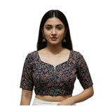 Women's Ajrakh Cotton Round Neck Padded Blouse (Navy, 38 Ready Size (Self-Alterable 36–40)