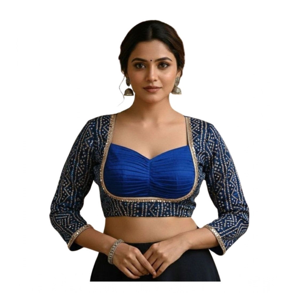 Blue rayon padded blouse with mirror work, Sabyasachi style round neck, long sleeves