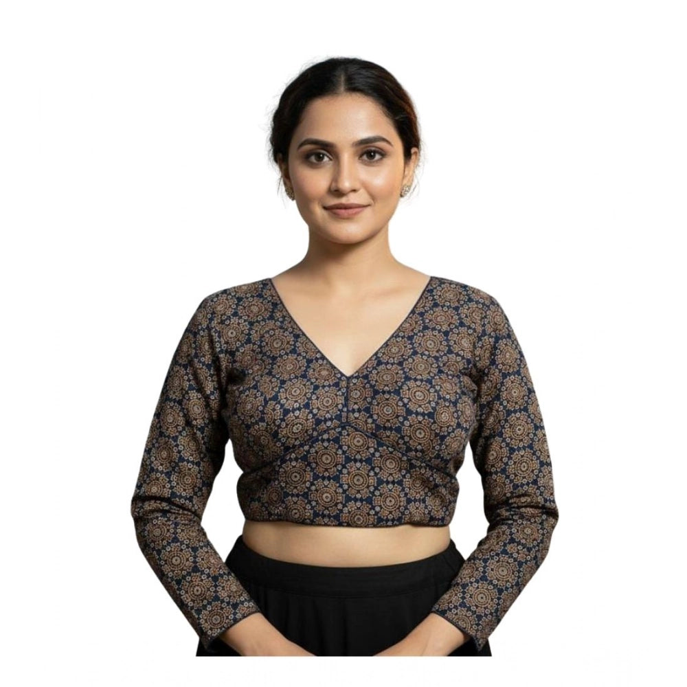 Women's Ajrakh Cotton Halter Neck Padded Blouse (Navy, 38 Ready Size (Self-Alterable 36–40)