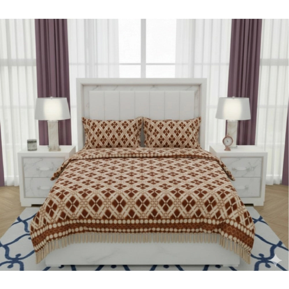 Brown fleece geometric double polar warm bedsheet & 2 pillow covers (printed thread count 155)
