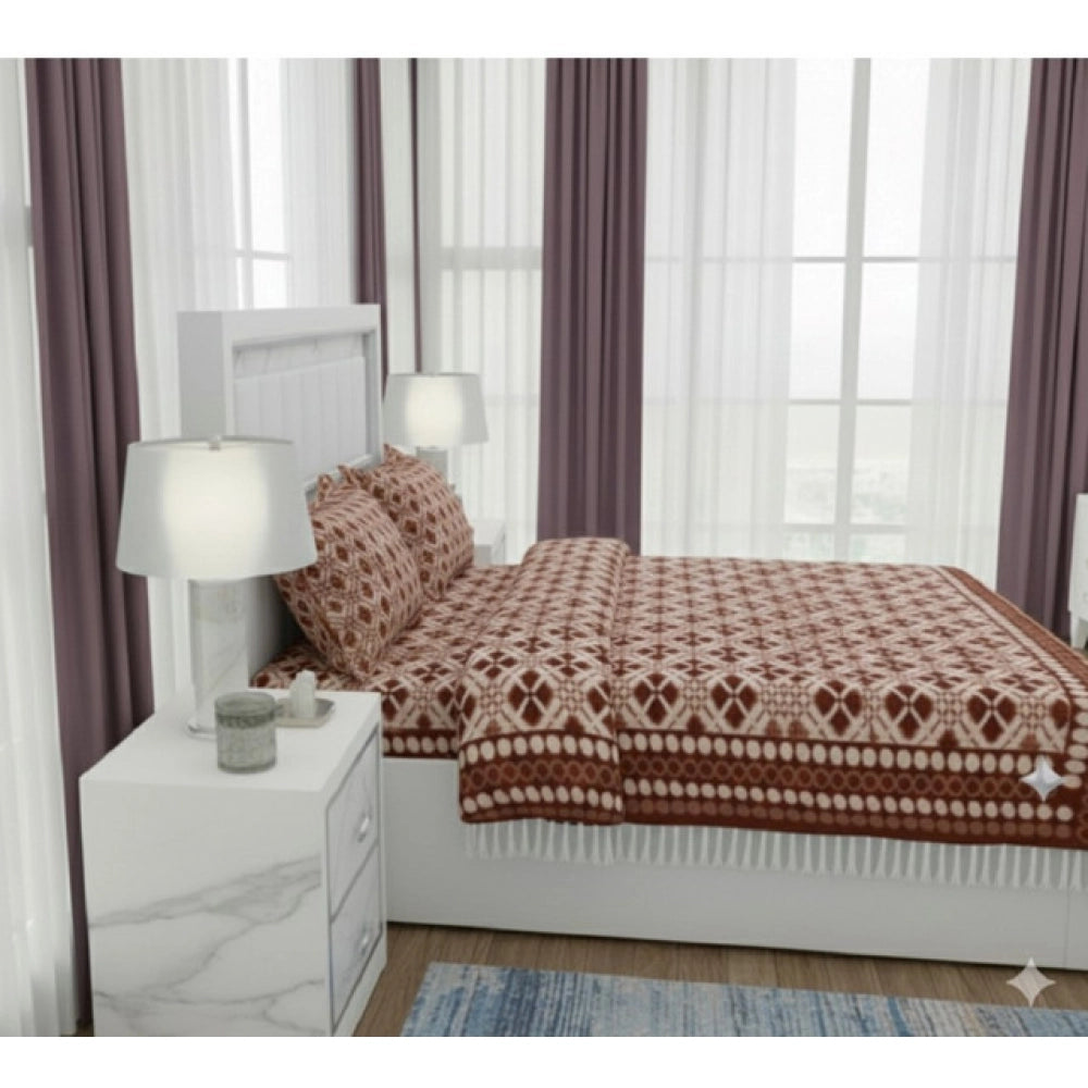 Brown fleece geometric double polar warm bedsheet with printed pattern & 2 pillow covers