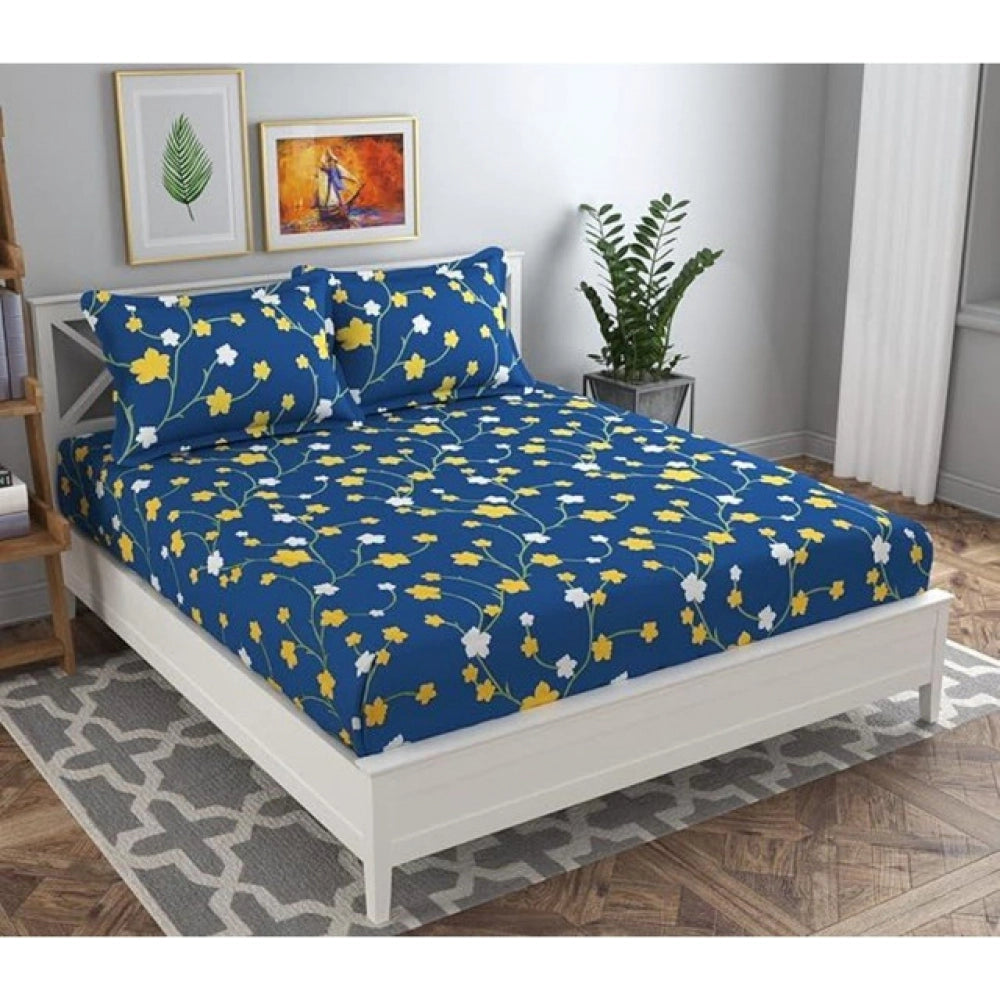 Blue microfiber floral printed double bedsheet & pillow covers set, 120 thread count