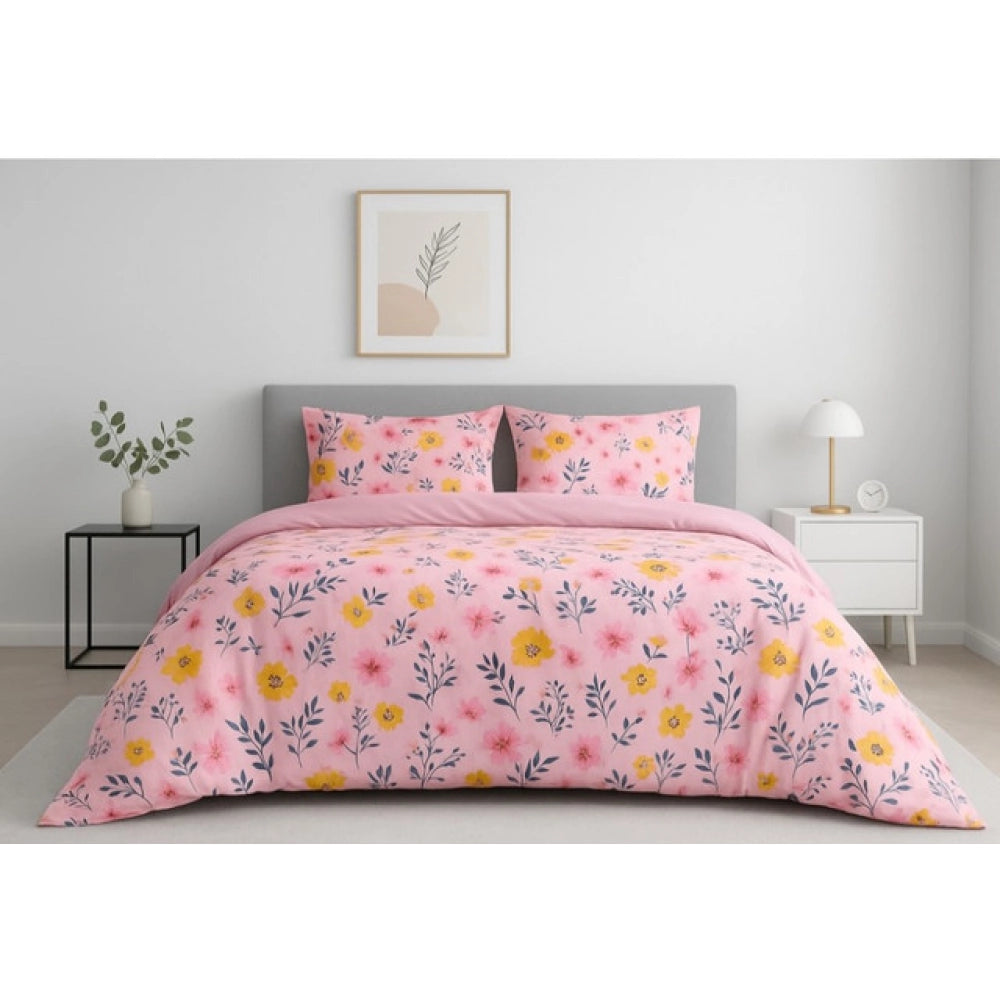 Pink microfiber floral printed double bedsheet with 2 pillow covers, 120 thread count