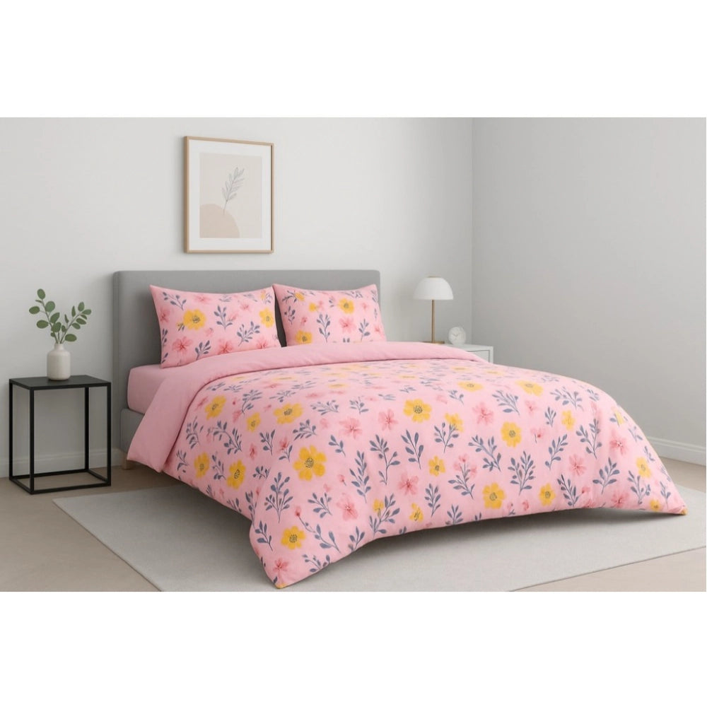 Pink microfiber floral printed double bedsheet set, 120 thread count, 2 pillow covers included