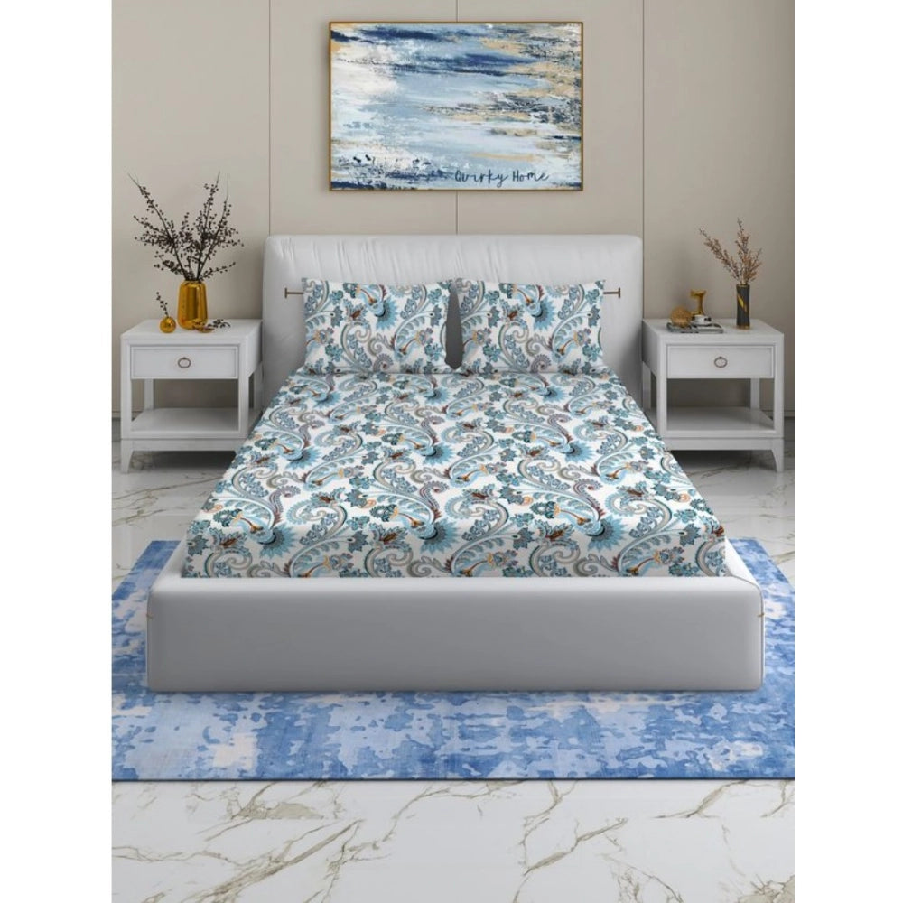 Cotton Blend Floral Printed Double Bedsheet with 2 Pillow Covers (White)