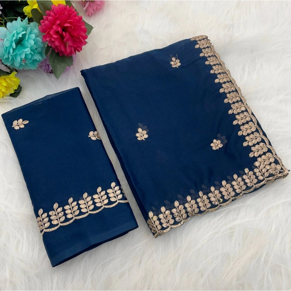 Blue Georgette embroidered saree with unstitched blouse (5.5Mtr) - intricate floral patterns on traditional Indian attire