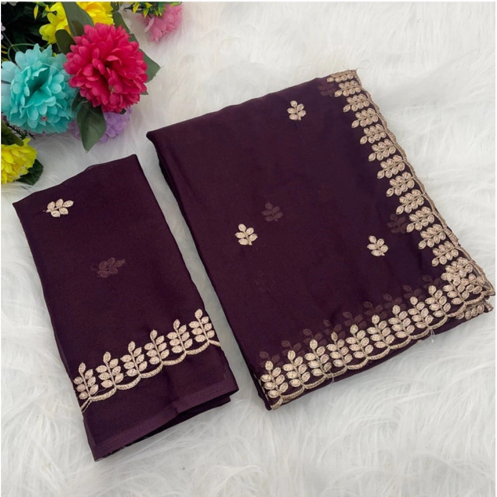 Wine georgette embroidered saree with unstitched blouse (5.5mtr), intricate design on display