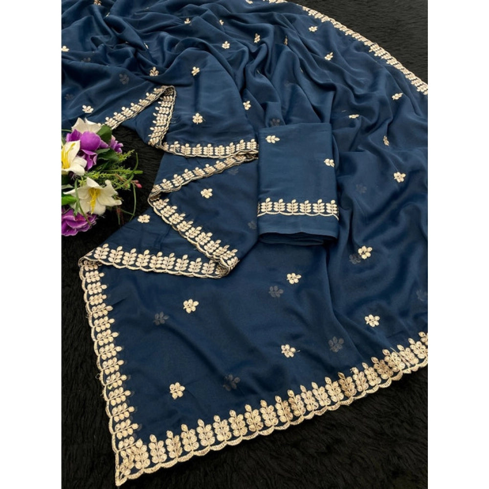 Blue Georgette embroidered saree with unstitched blouse (5.5Mtr), intricate design on display