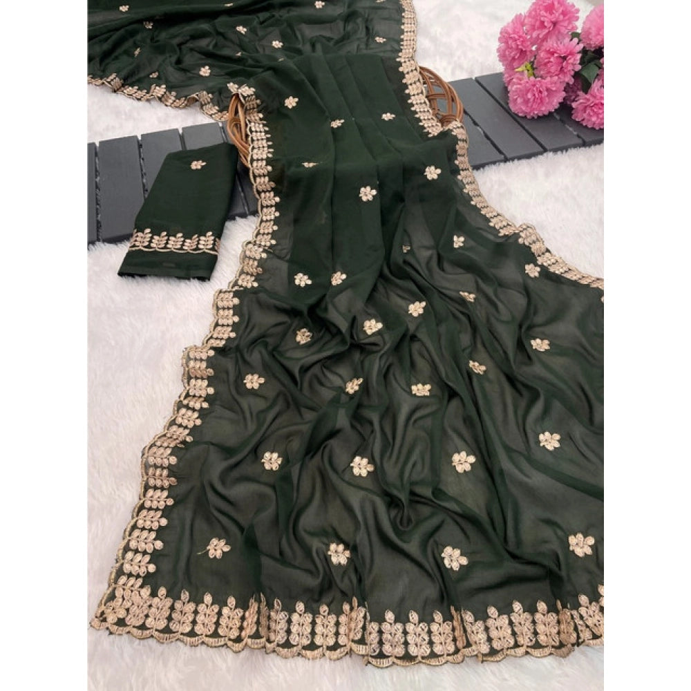 Green georgette embroidered saree with unstitched blouse, 5.5mtr