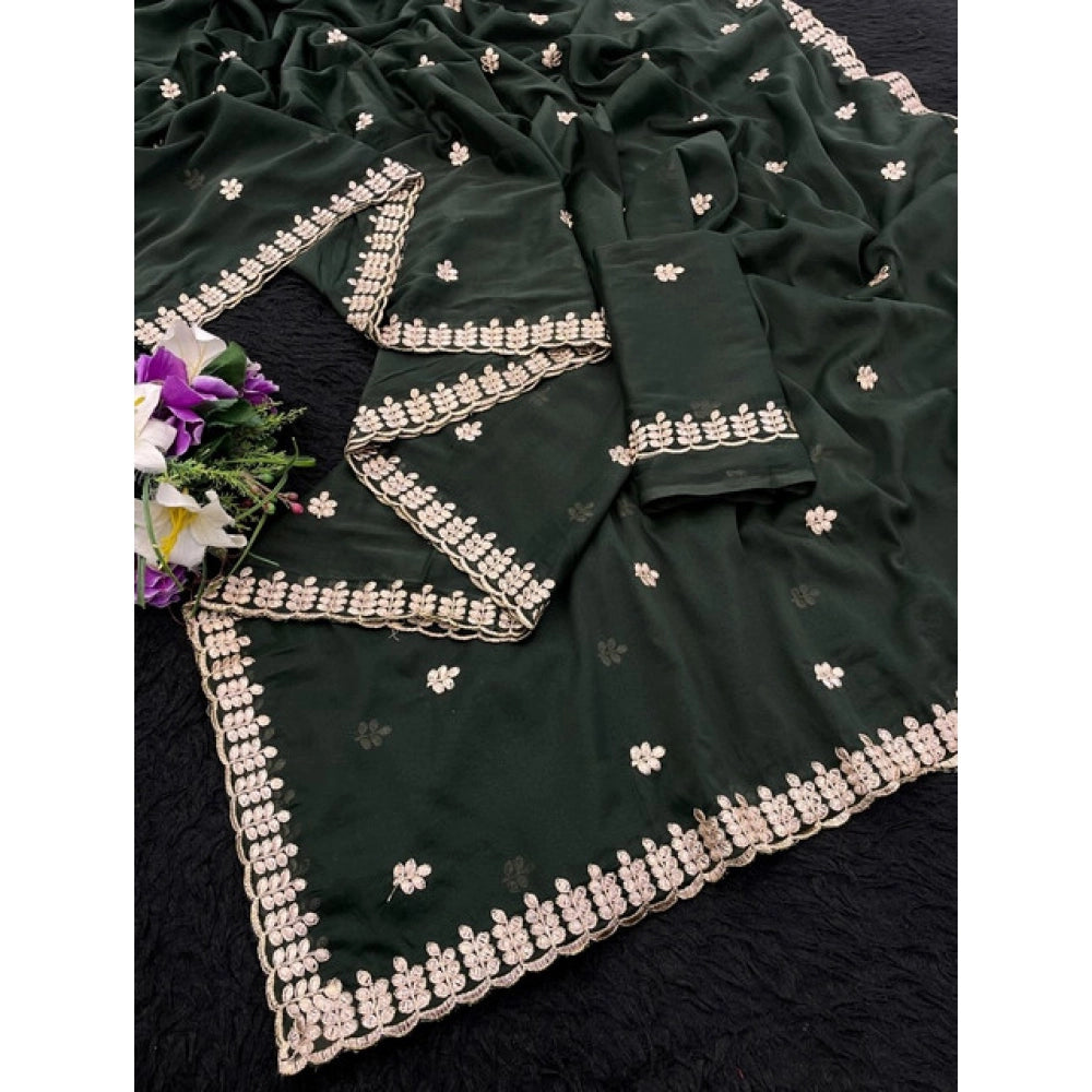 Green georgette embroidered saree with unstitched blouse (5.5Mtr), traditional Indian women's fashion