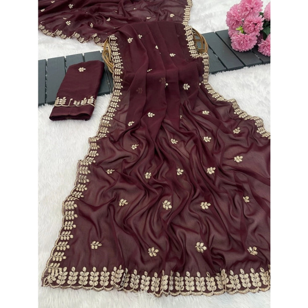 Maroon Georgette embroidered saree with unstitched blouse, intricate detailing showcased