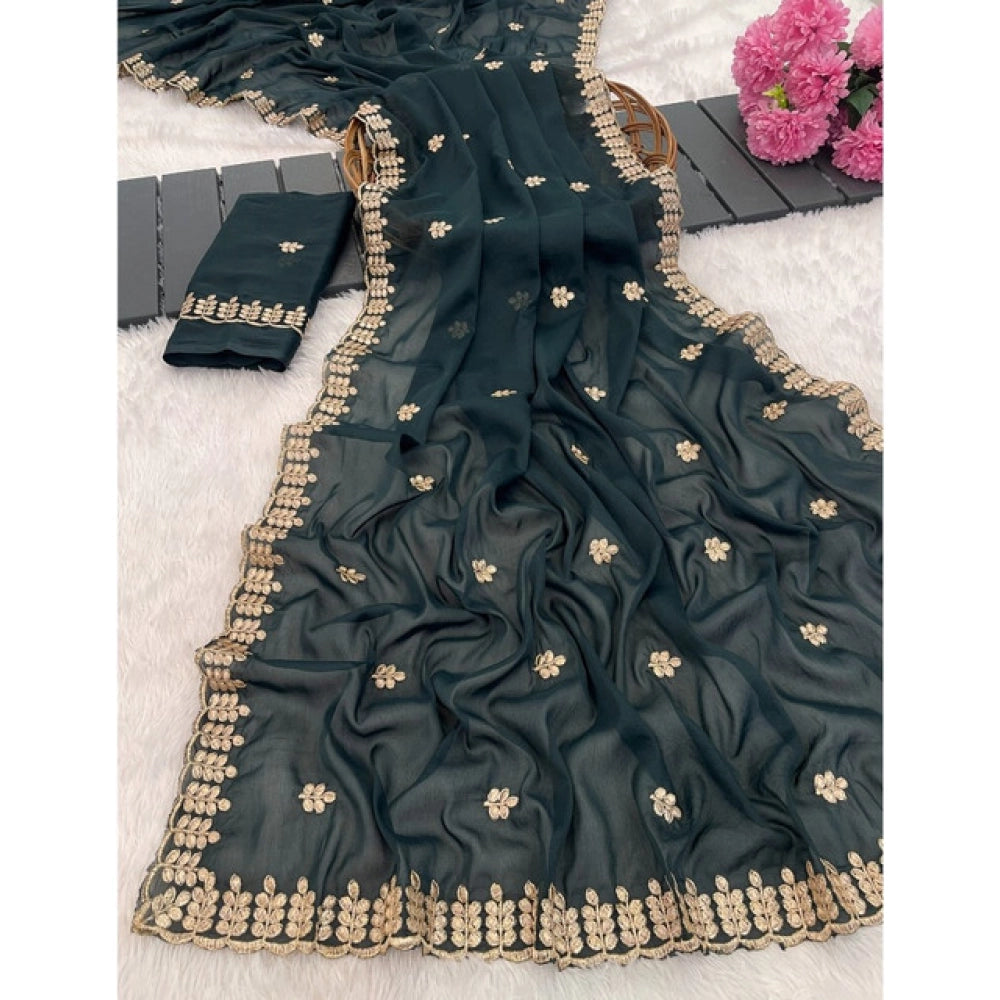 Teal Georgette embroidered saree with unstitched blouse (5.5Mtr), traditional Indian attire on mannequin