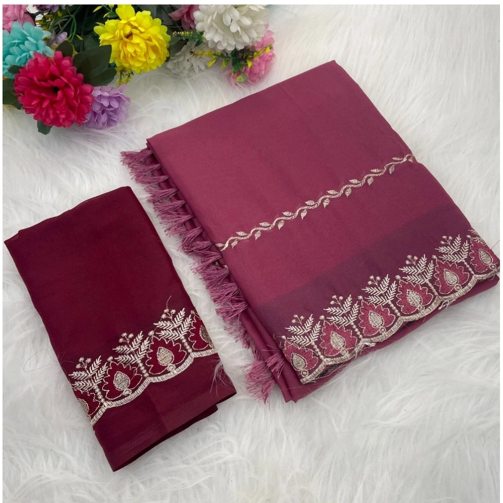 Women's Georgette Embroidered Saree With Unstitched Blouse 5.5Mtr (Pink)