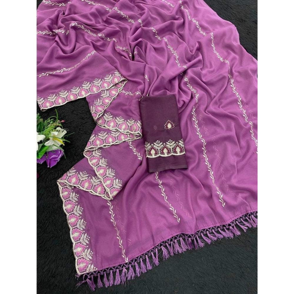 Purple georgette embroidered saree with unstitched blouse, intricate design for traditional Indian wear
