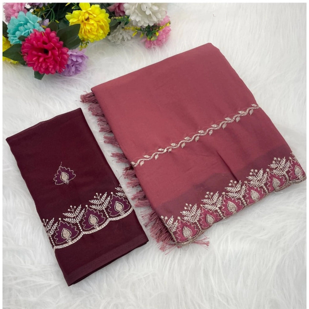 Red georgette embroidered saree with unstitched blouse, intricate designs on a 5.5mtr length
