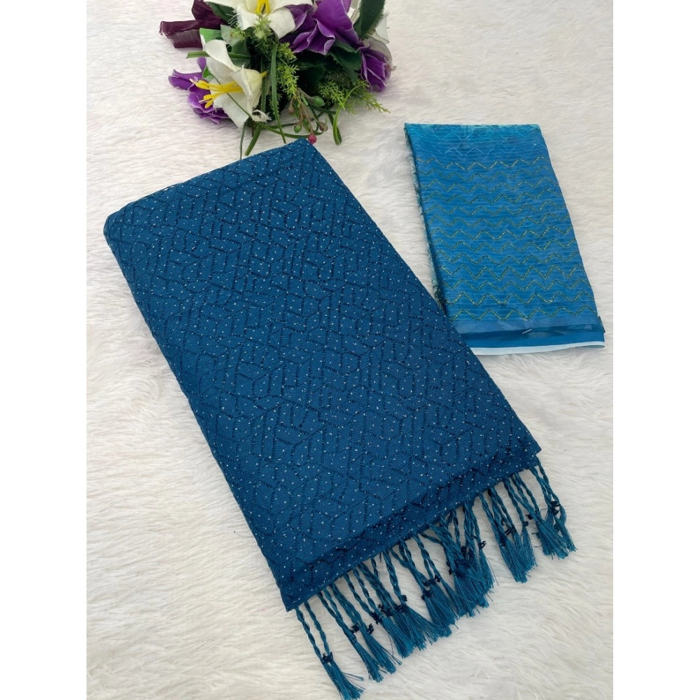 Blue chiffon zigzag saree with unstitched blouse, 5.5mtr length