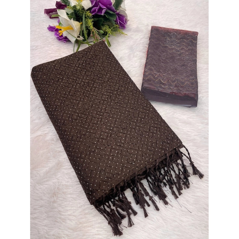 Brown chiffon zigzag saree with unstitched blouse, 5.5mtr length