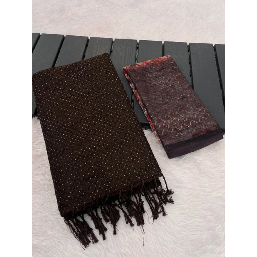 Brown chiffon zigzag saree with unstitched blouse, 5.5mtr length