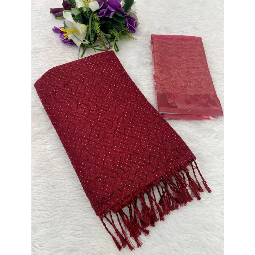 Maroon chiffon zigzag saree with unstitched blouse, vibrant pattern for traditional Indian wear
