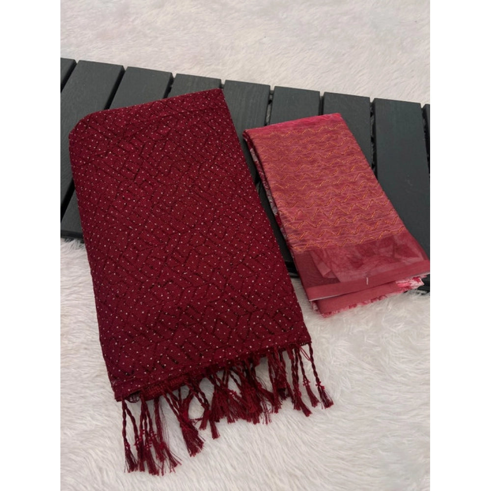 Maroon chiffon zigzag saree with unstitched blouse (5.5mtr), intricate zigzag pattern for traditional Indian wear