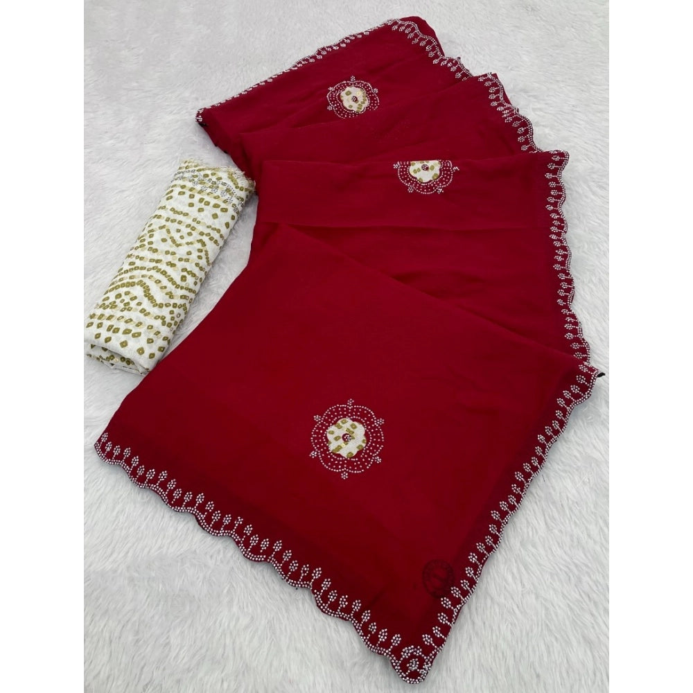 Red chiffon butti dotted saree with unstitched blouse (5.5mtr)