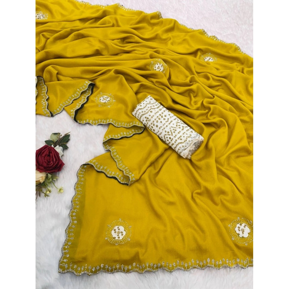 Yellow chiffon butti dotted saree with unstitched blouse (5.5mtr)