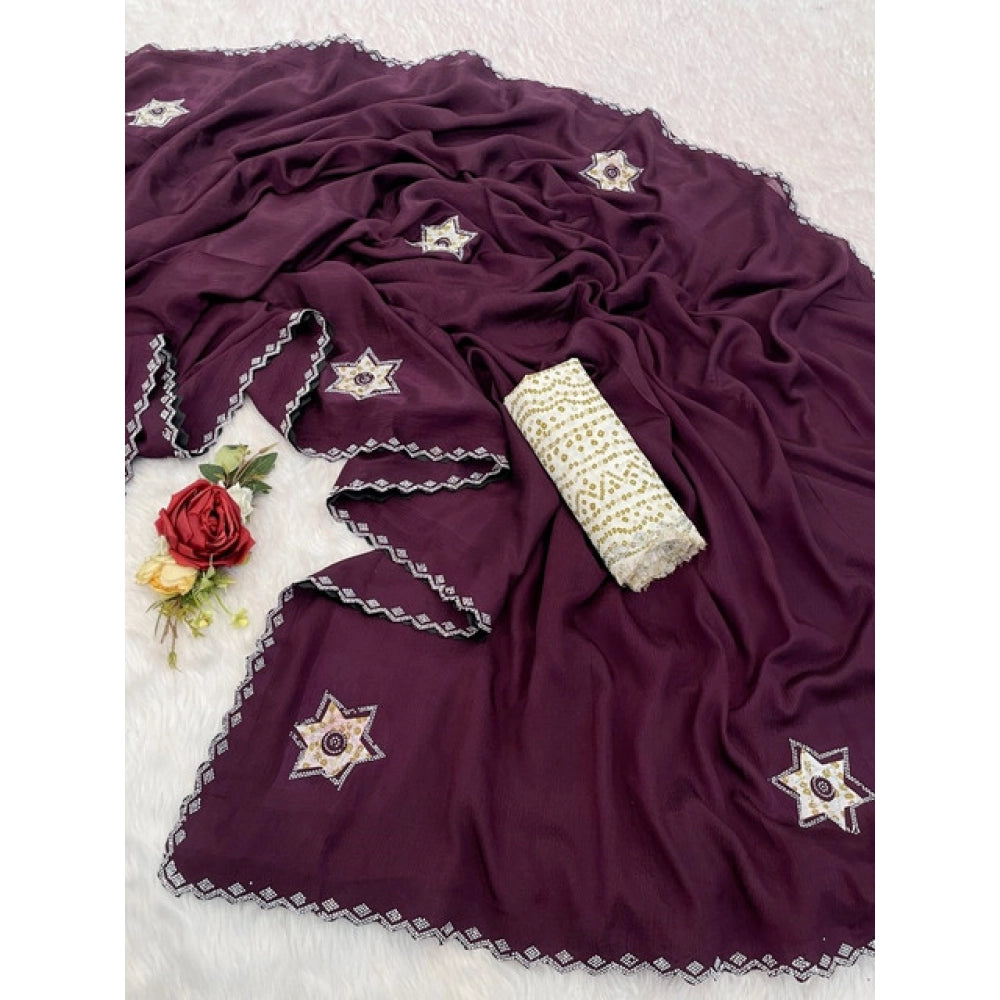 Wine chiffon butti dotted saree with unstitched blouse (5.5mtr) - elegant women's Indian fashion accessory