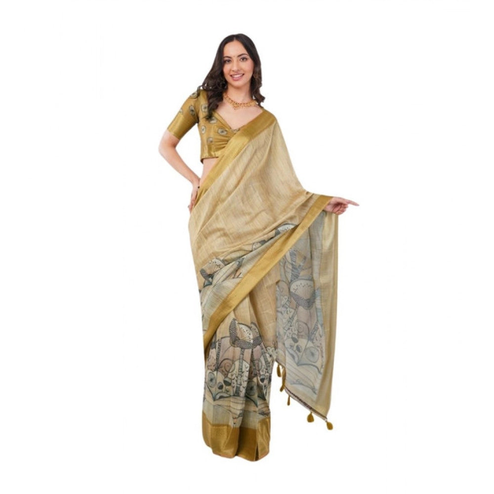 Gold polyester printed ready-to-wear saree with unstitched blouse (5.5 mtr) - vibrant design for traditional women's fashion