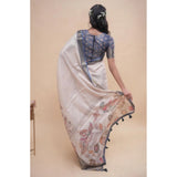 Women's Polyester Printed Saree With Unstitched Blouse 5.5 Mtr (Off-White)