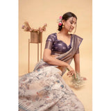 Women's Polyester Printed Saree With Unstitched Blouse 5.5 Mtr (Off-White)