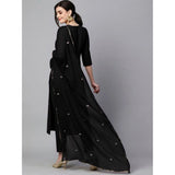 Black Tesla silk embroidered u-neck kurti with pant dupatta set, intricate embroidery detail on women's fashionable ethnic wear