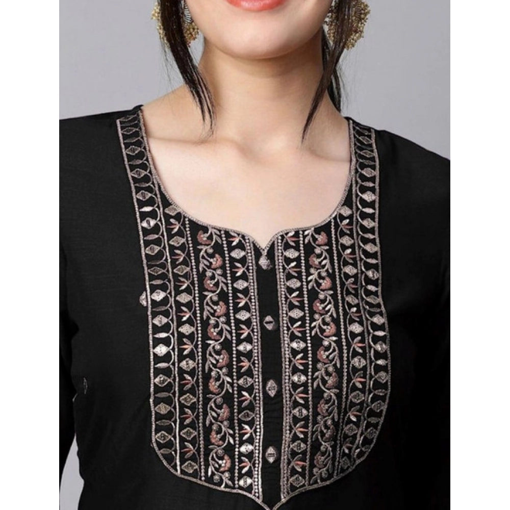 Black Tesla silk embroidered U-neck kurti set with pant dupatta, 3/4 sleeves and calf length