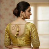 Women's Phantom Silk Embroidered Designer Neck Padded Blouse (Beige 38 Ready (Alterable up to 42)
