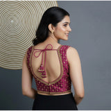 Dark wine silk blend embroidered V-neck blouse, sleeveless, alterable up to size 42